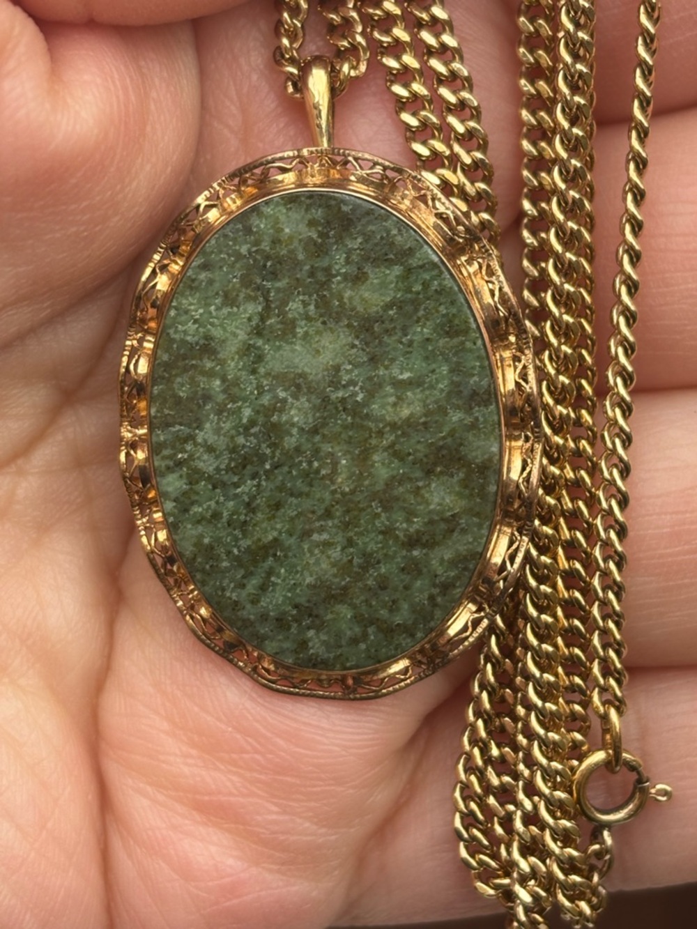 Large Vintage Jade Pendant Necklace Gold Filled Filigree Convertible Brooch